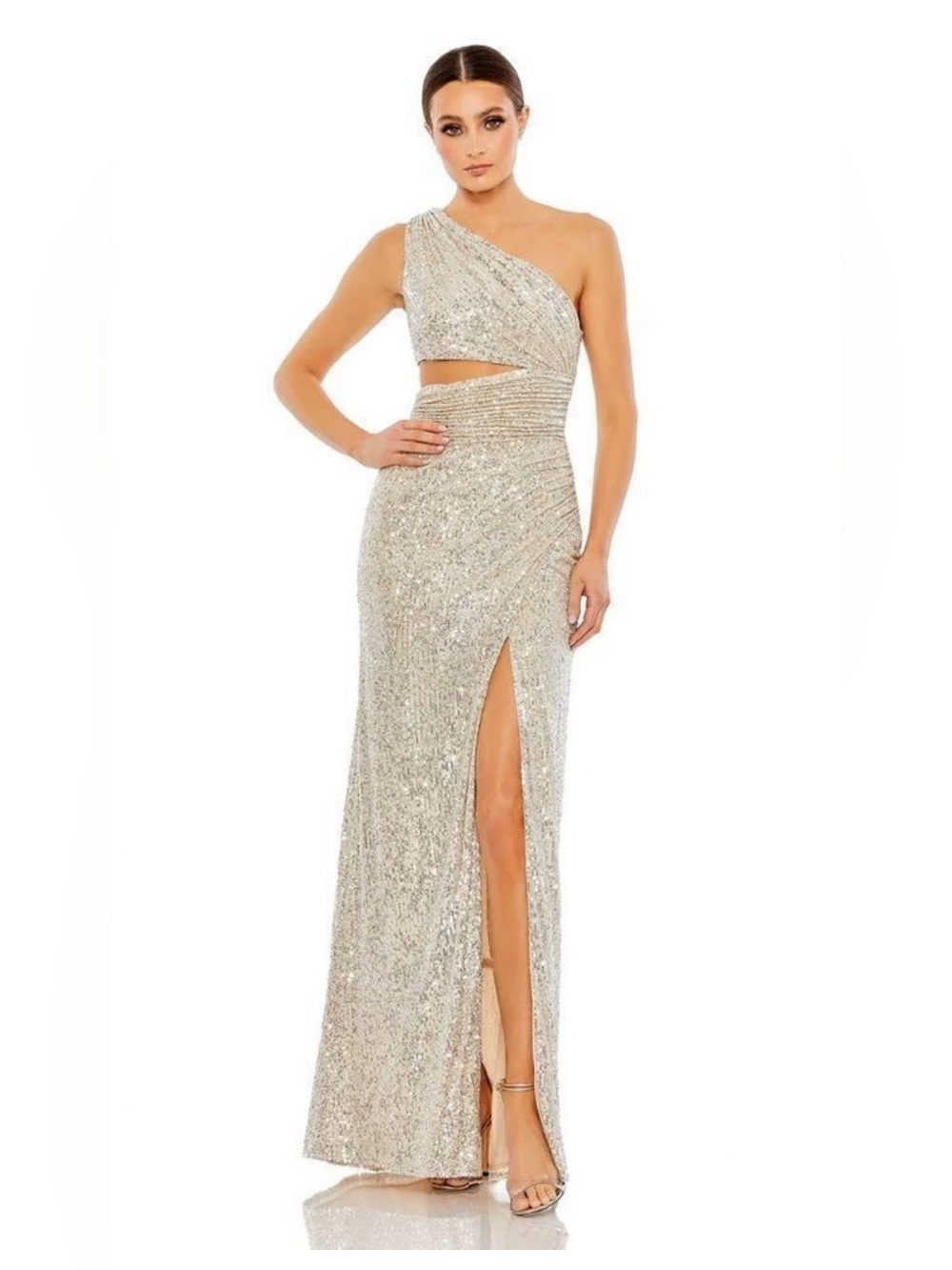Mac Duggal Silver One-Shoulder Sequin Cutout Gown with Thigh Slit